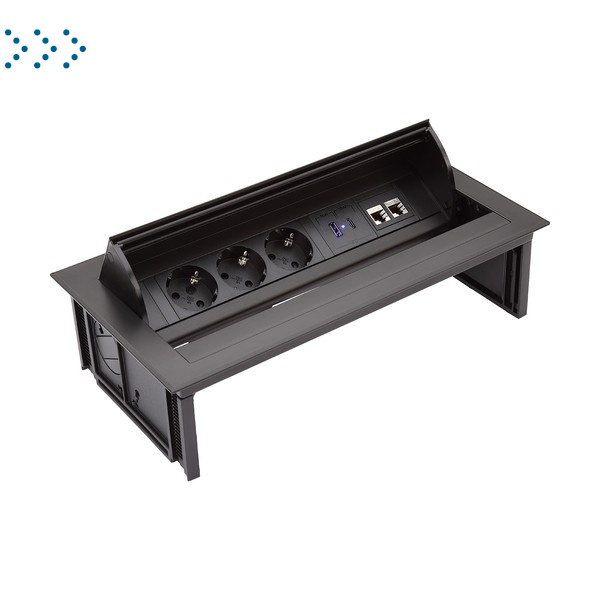 Врезной блок с крышкой 3х220В+USB A/C 30Вт+2xRJ 45 кат.6, кабель с вилкой, 3 м, черный (131105 BK)