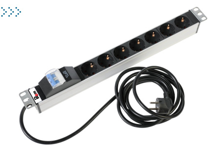 Блок розеток Rem-16 с авт. 16А, 7 Shuko, алюм., 19", шнур 3 м.