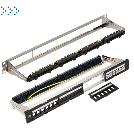 Патч-панель модульная 19", экранированная, на 4 вставки, 1U, с задним органайзером с фиксаторами кабеля