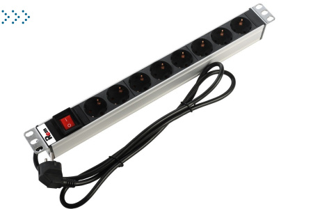 Блок розеток Rem-16 с выкл., 8  Schuko, 16A, алюм., 19", шнур 3 м.