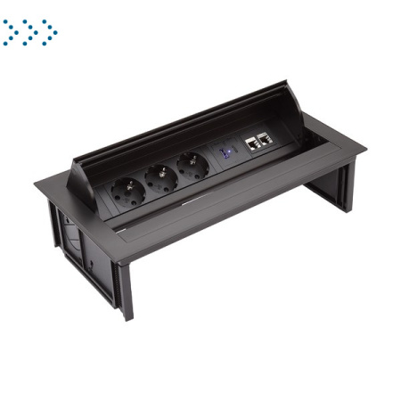 Врезной блок с крышкой 3х220В+USB A/C 30Вт+2xRJ 45 кат.6, кабель с вилкой, 3 м, черный (131105 BK)