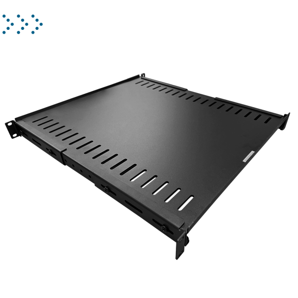 Полка с креплением на 4 точки для двухрамных стоек с регулируемой глубиной, нагрузка - 45 кг, черная Полка с креплением на 4 точки для двухрамных стоек с регулируемой глубиной, нагрузка - 45 кг, черная